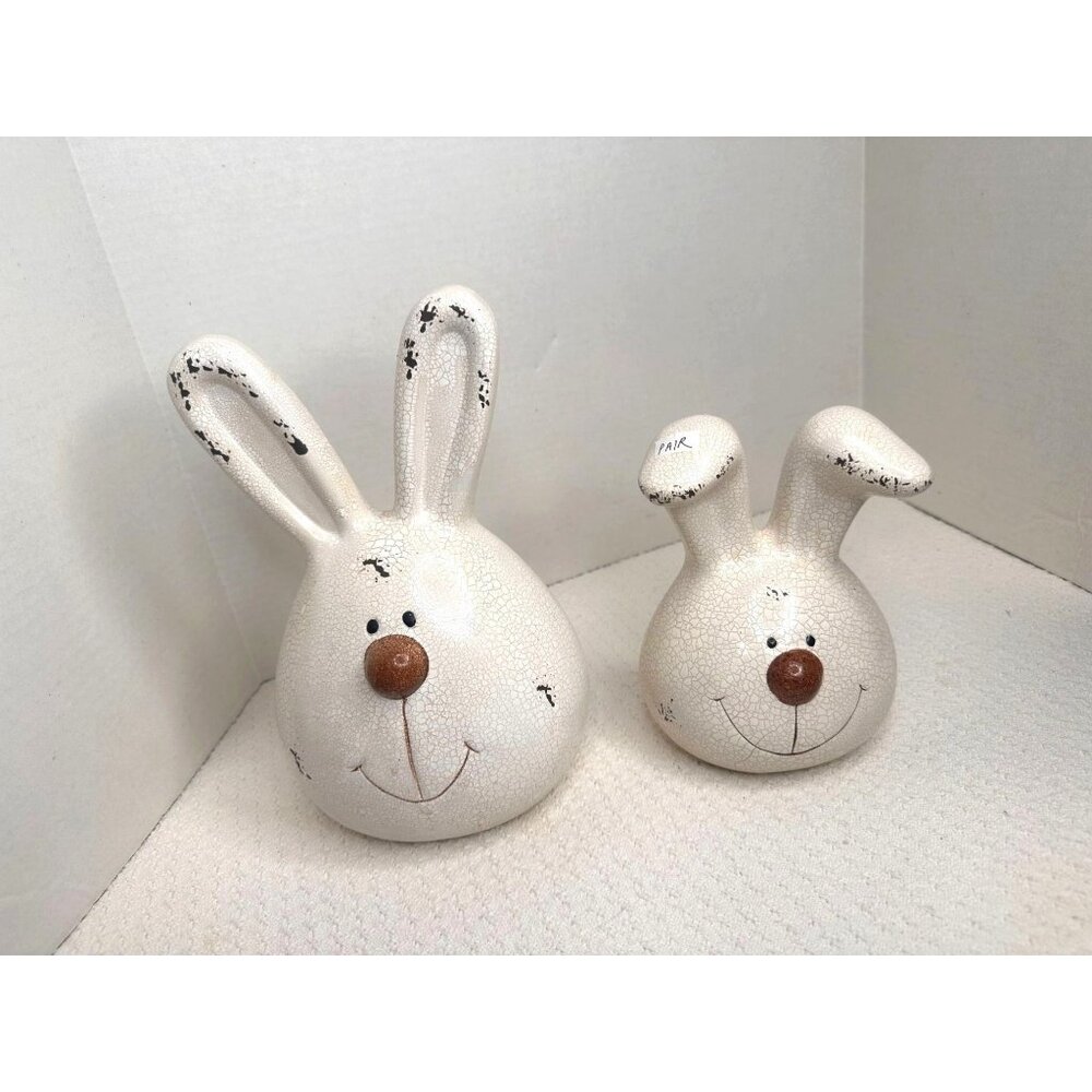 Ceramic Bunny Figurines Pair White Crackle Finish Rustic Farmhouse Decor Easter